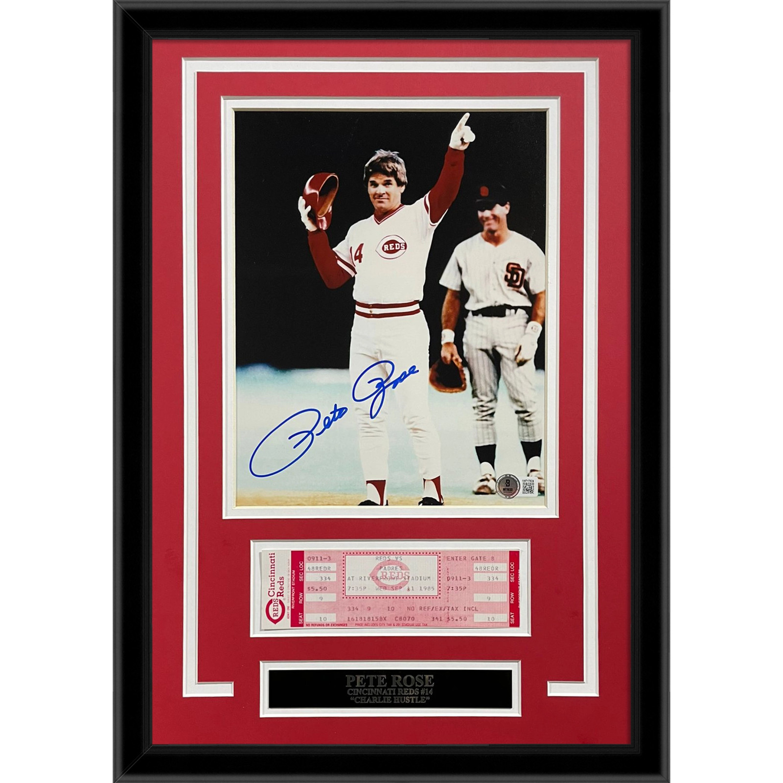 Pete Rose Autographed Cincinnati Reds (4192 Hit) Framed 8×10 Photo with Replica