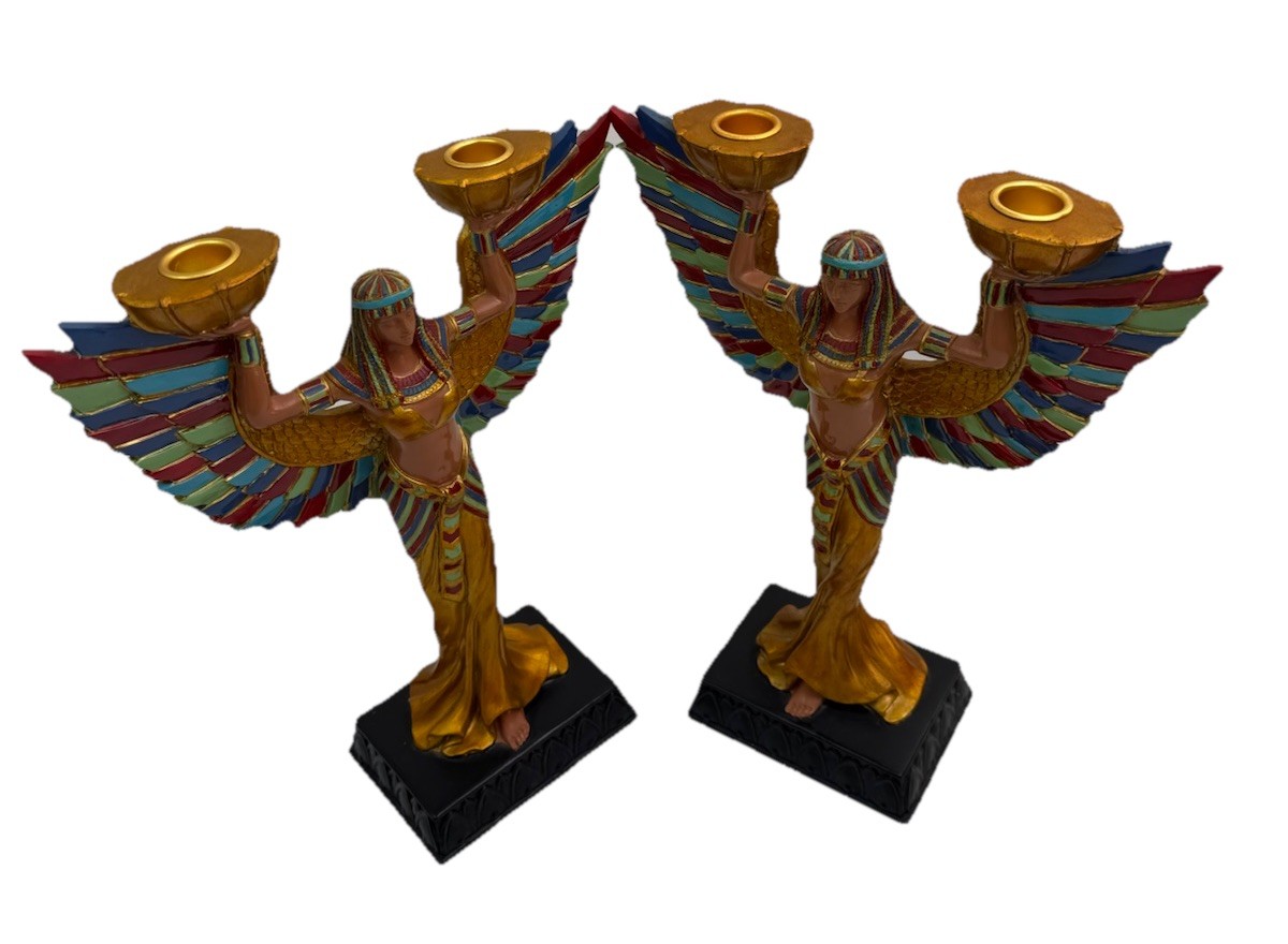 VTG Pair Of 2 Statue of Isis Goddess with Open Wings Candlestick Holder READ