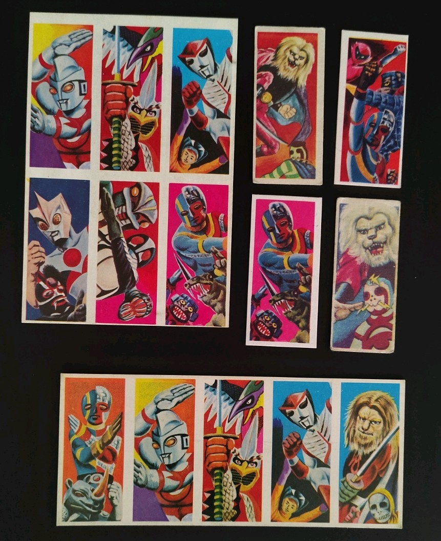 Vintage Japan Ultraman Menko Uncut Blocks Lot EX Triple Fighter,Mirrorman,Lion M Vintage Japan Ultraman Menko Uncut Blocks Lot EX Triple Fighter,Mirrorman,Lion M