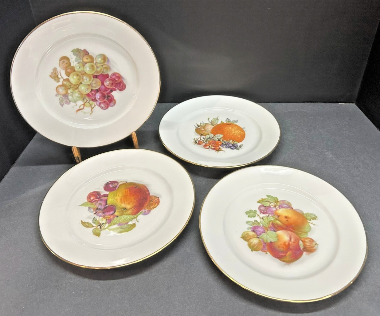 Antique JKW Western Germany 1930 Fine Porcelain Fruit Plates Set Of 4 Gold Rim