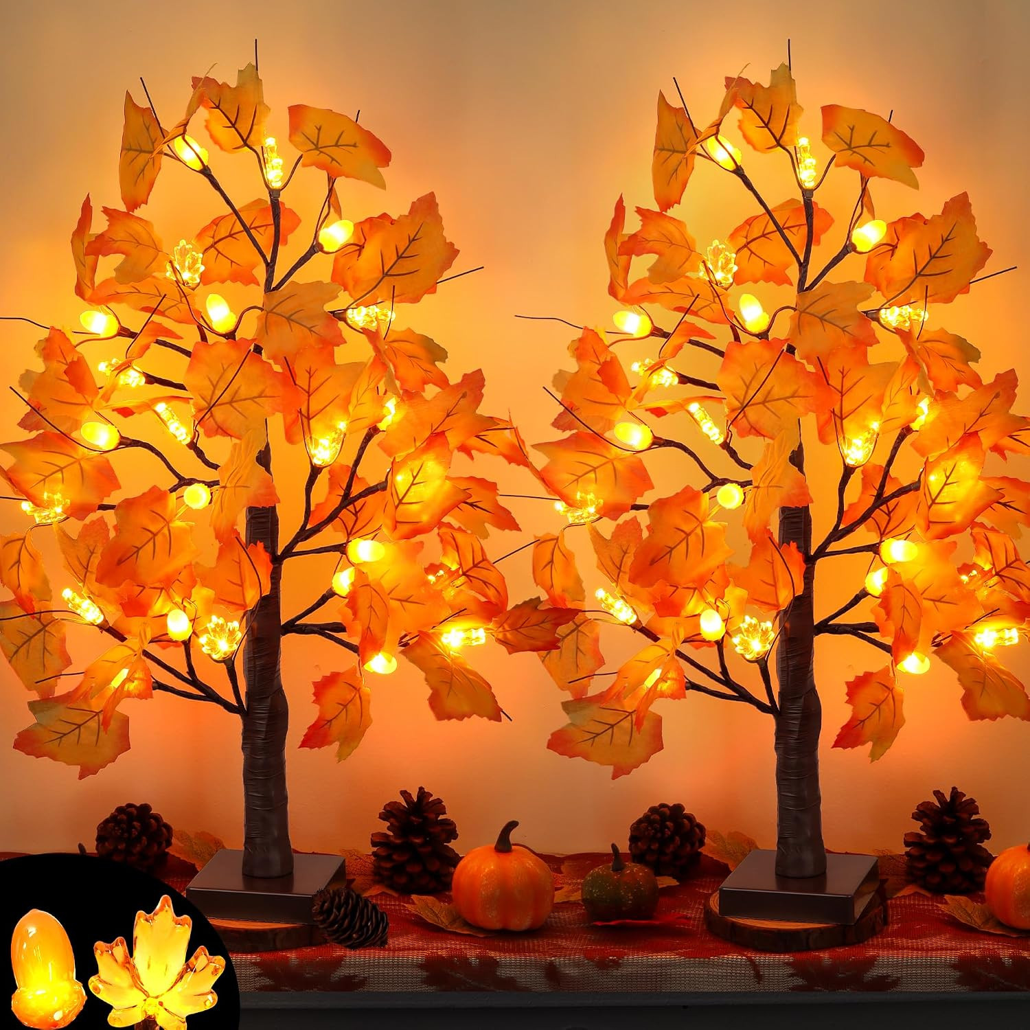 2 Pack 24 Inch Lighted Maple Trees with 48 Leds & Timer, Fall Thanksgiving Decor