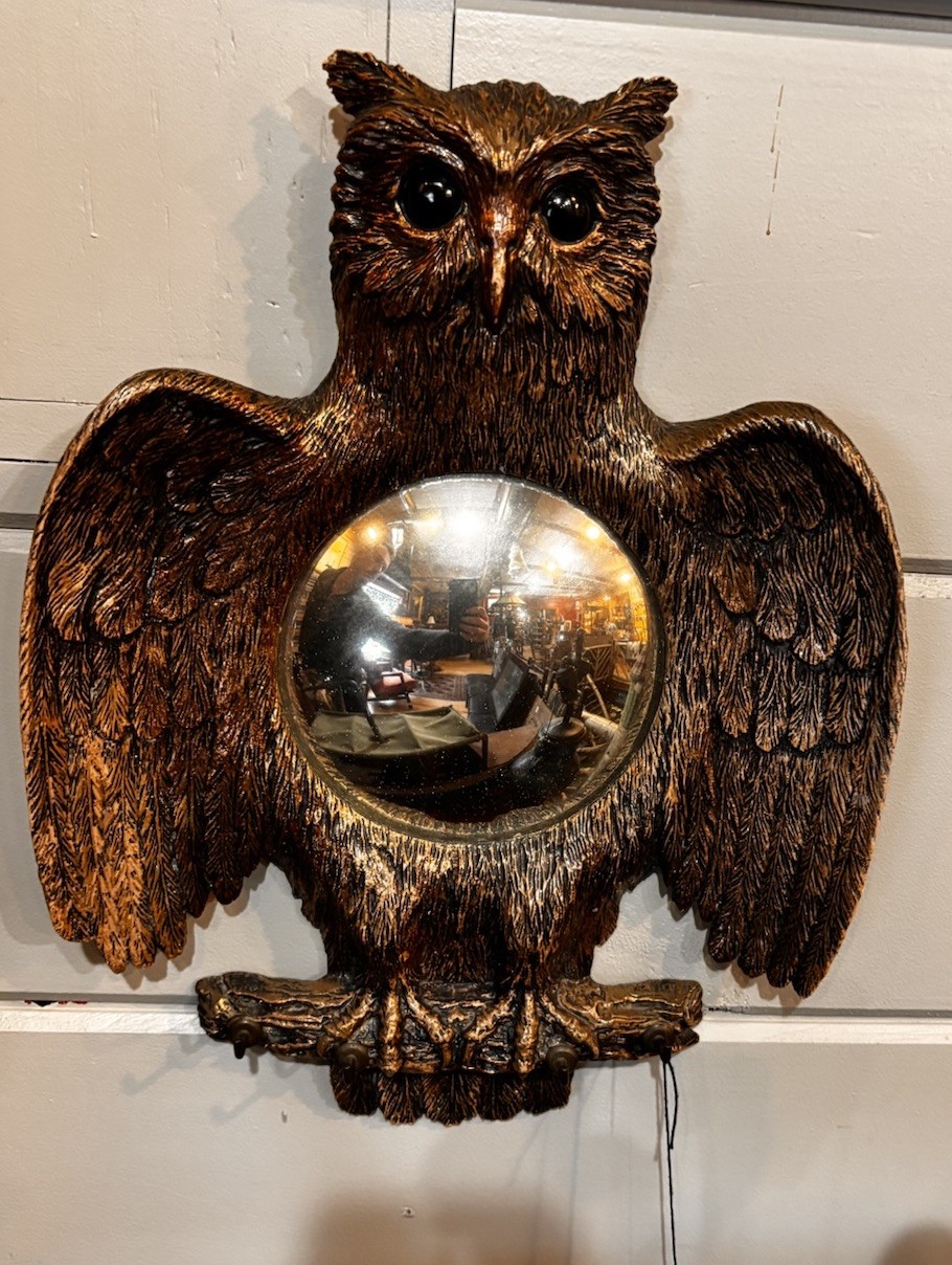 RARE Vintage French Bronze Owl Convex Mirror – 15