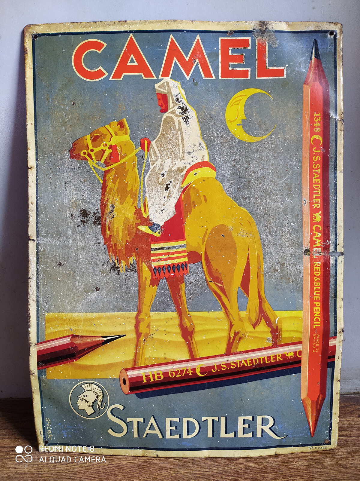 Rare vintage J.S. STAEDTLER CAMEL Red & blue pencil  tin sign made in Bavaria.