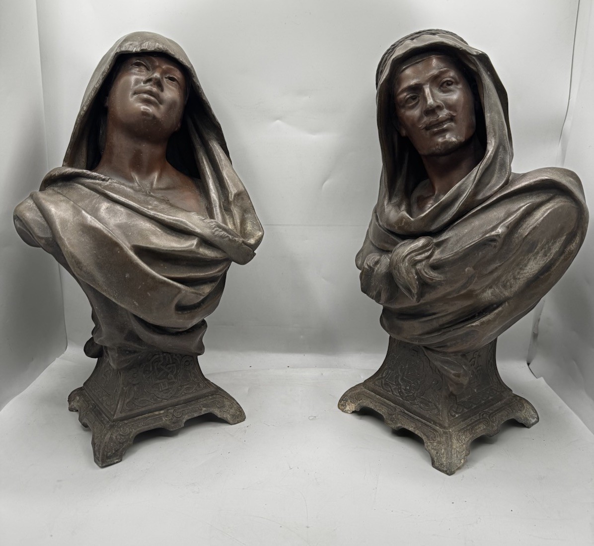 Antique Art Nouveau Spelters Bust Pair Medieval Signed René Charles Massé Figuri