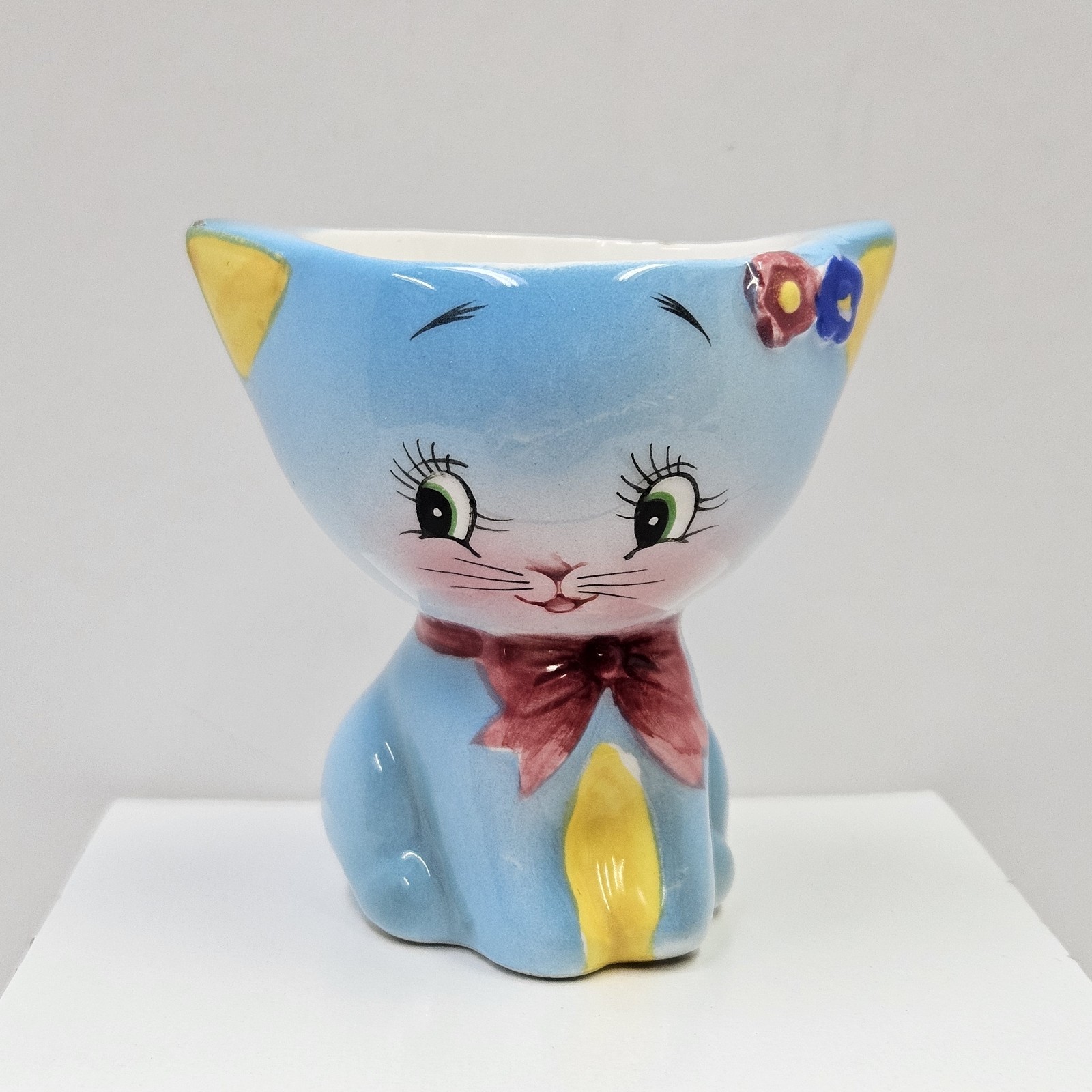 Rare Norcrest Blue Anthropomorphic Kitty Cat Egg Cup Bow Flowers Rare Norcrest Blue Anthropomorphic Kitty Cat Egg Cup Bow Flowers