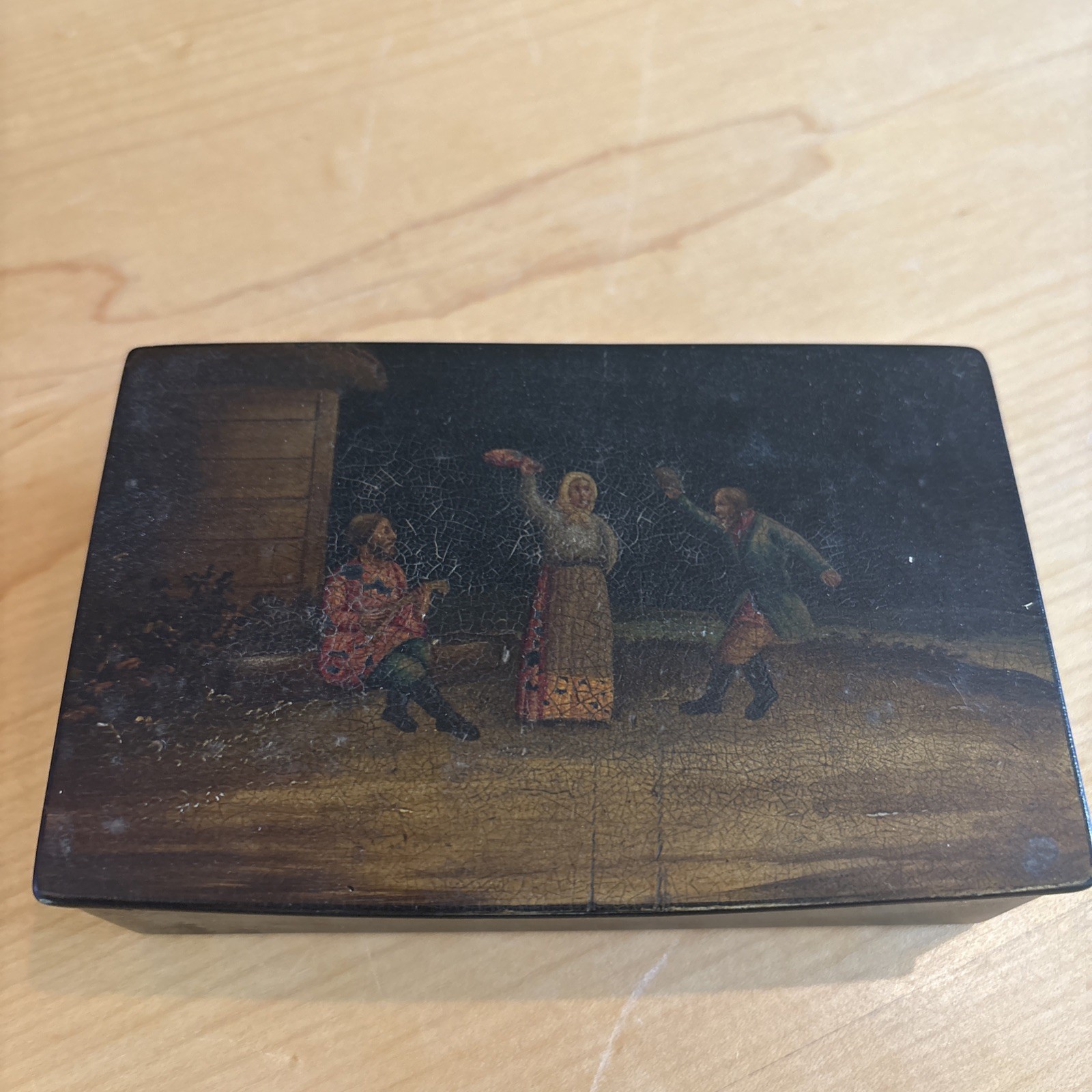 antique lacquer paper mache box. Hand painted Folk scene. 1800s