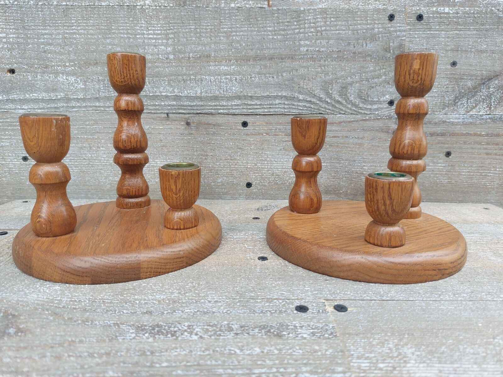 MID CENTURY MODERN -NATIVE WOOD HARVEST OAK TAPERED HT.  CANDLE HOLDERS-SET OF 2