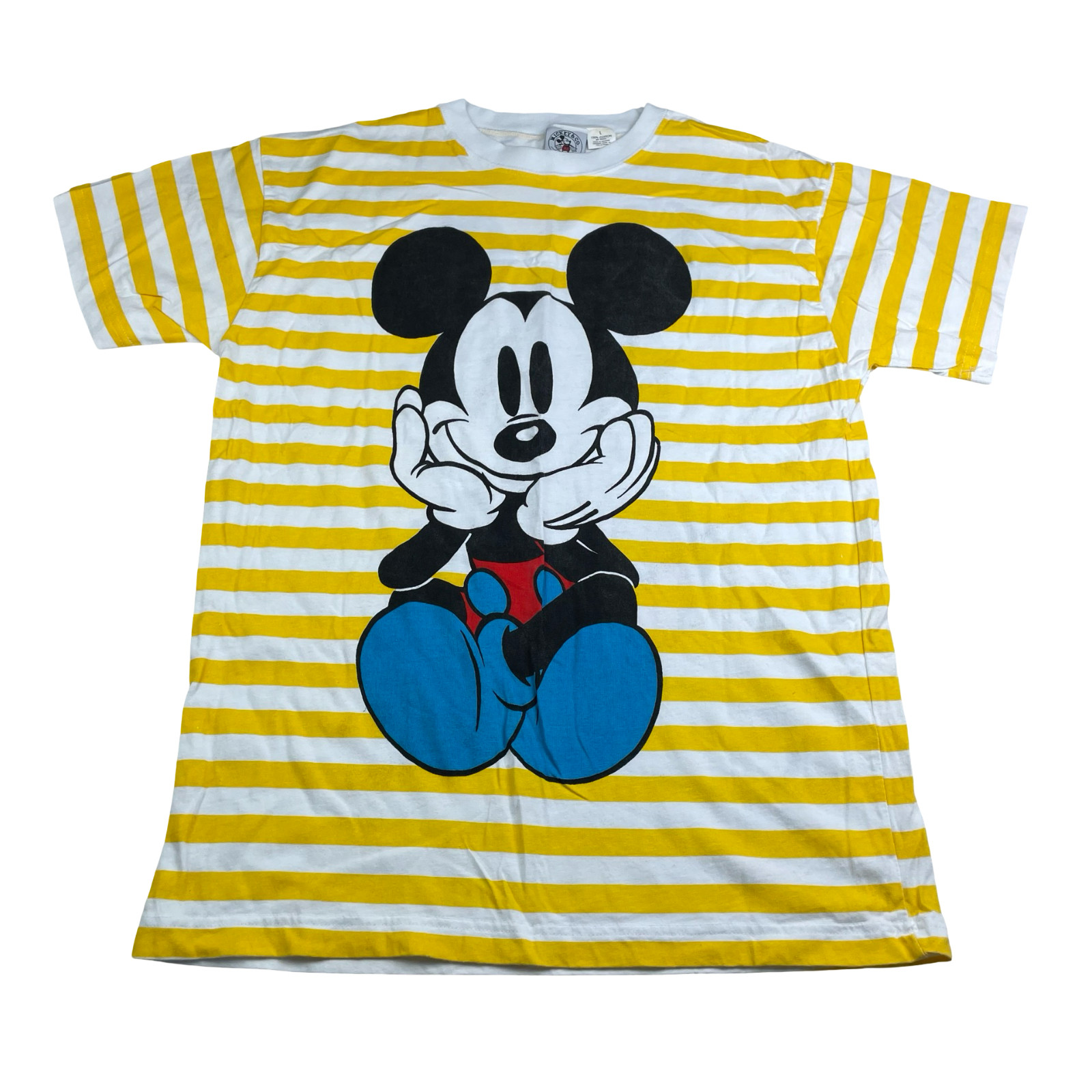 VTG Disney Mickey & Co. Men\'s 2-Sided Mickey T-Shirt Yellow/White Stripe • Large