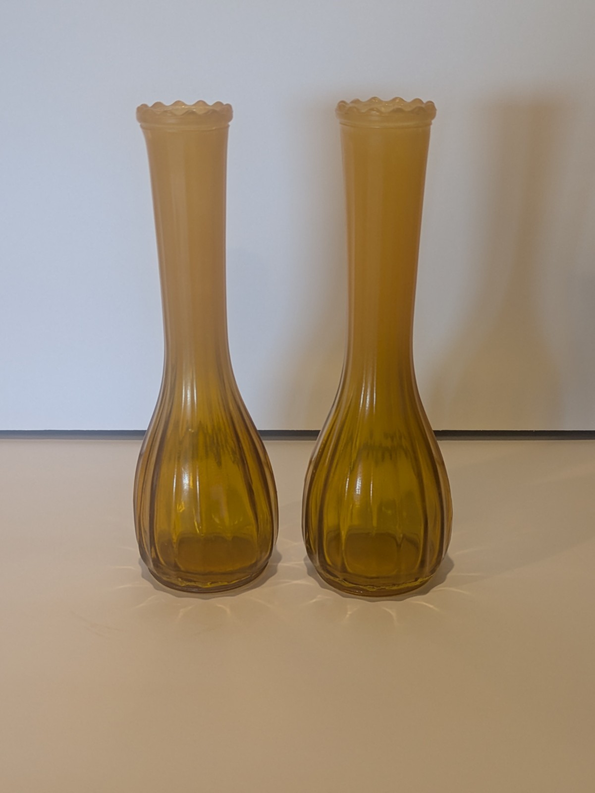 VINTAGE AMBER SATIN GLASS RIBBED BUD VASES PAIR