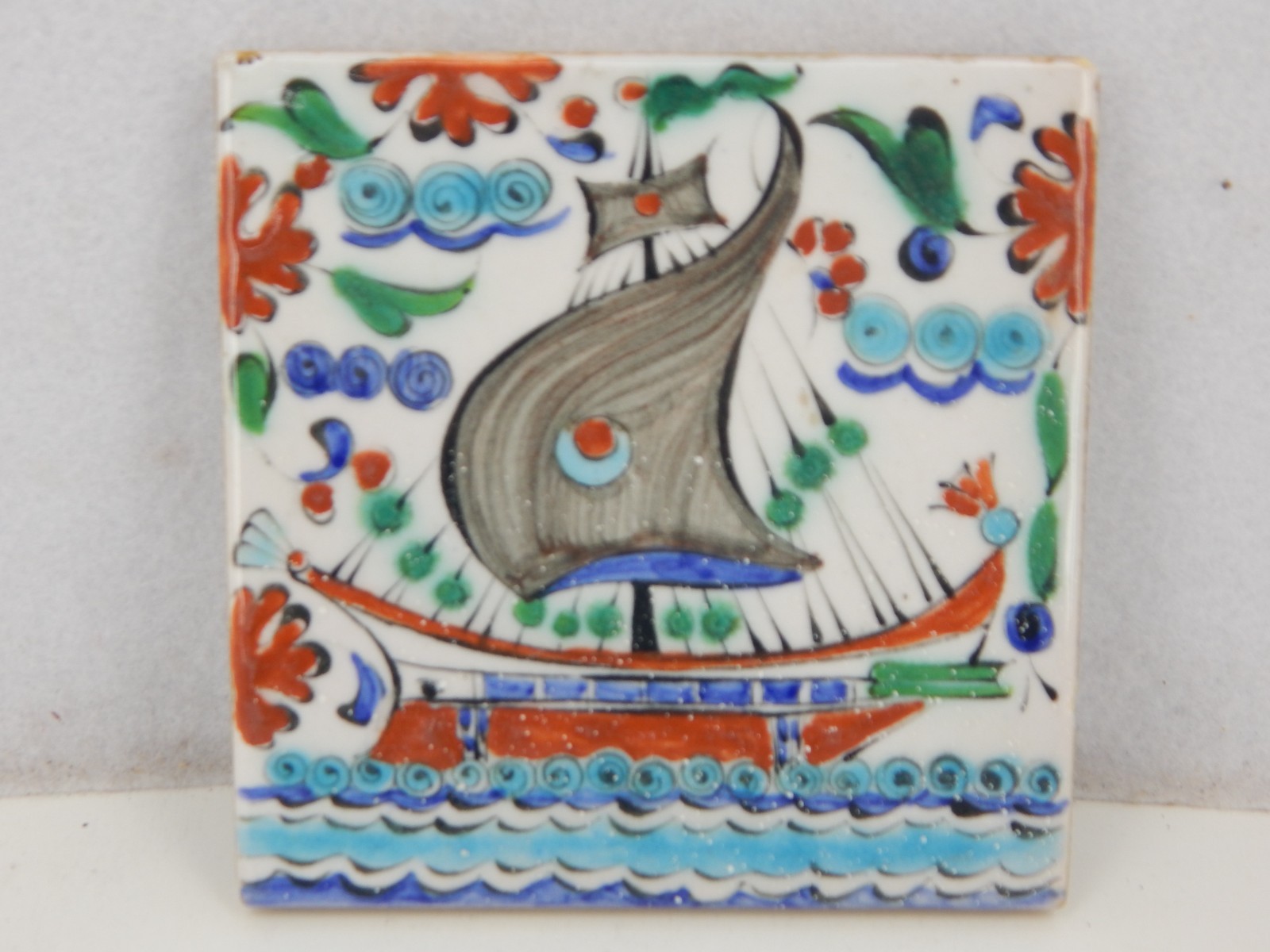 Vintage Ikaros Pottery Hand-Painted Sailing Ship Ceramic Tile