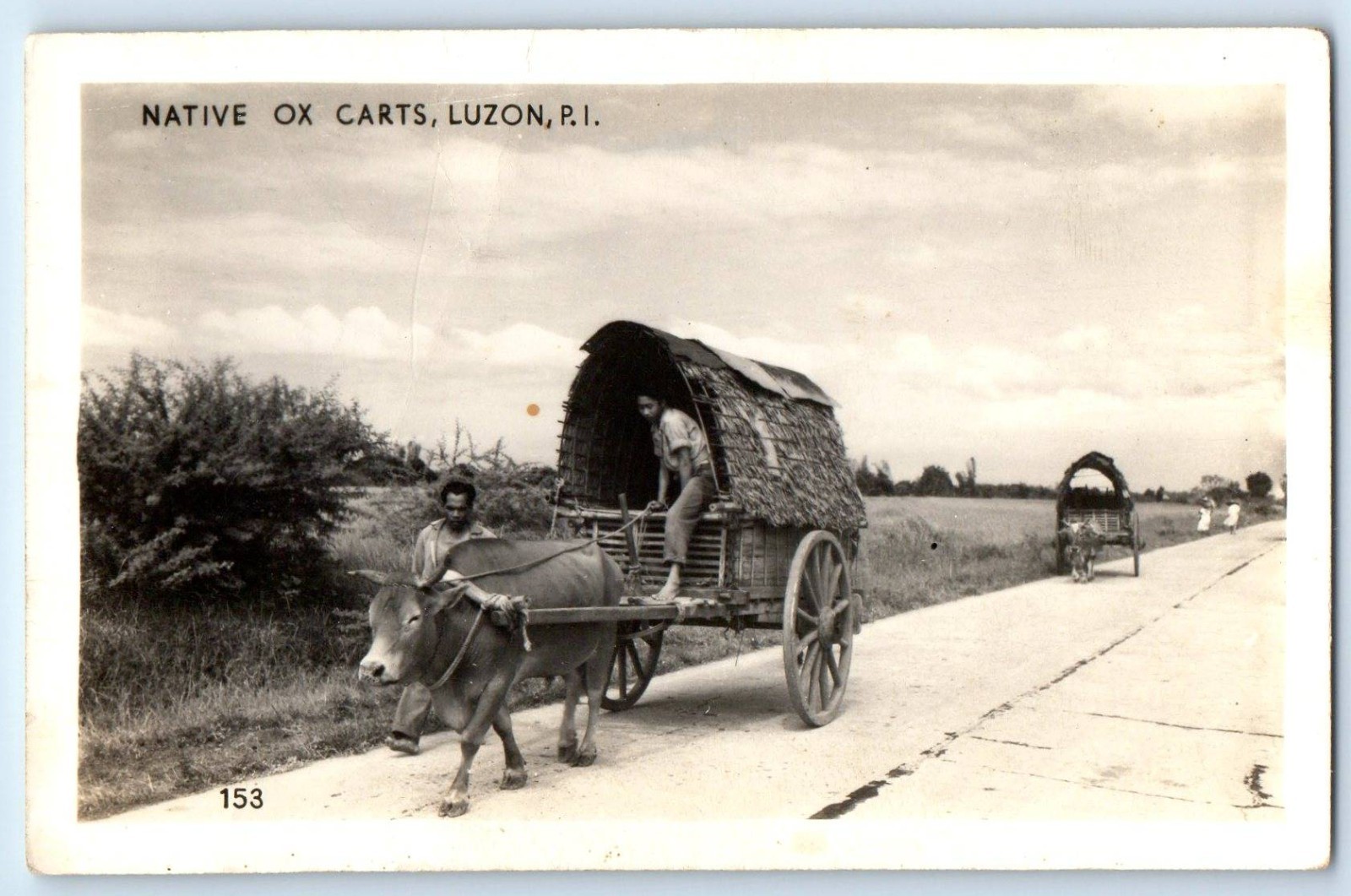 Luzon Philippines Island Postcard Native Ox Carts c1930\'s Vintage RPPC Photo