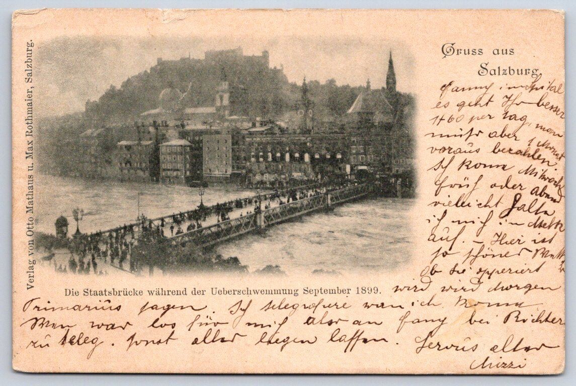 Antique Austria Postcard SALZBURG Staatsbrucke Flood View 1899
