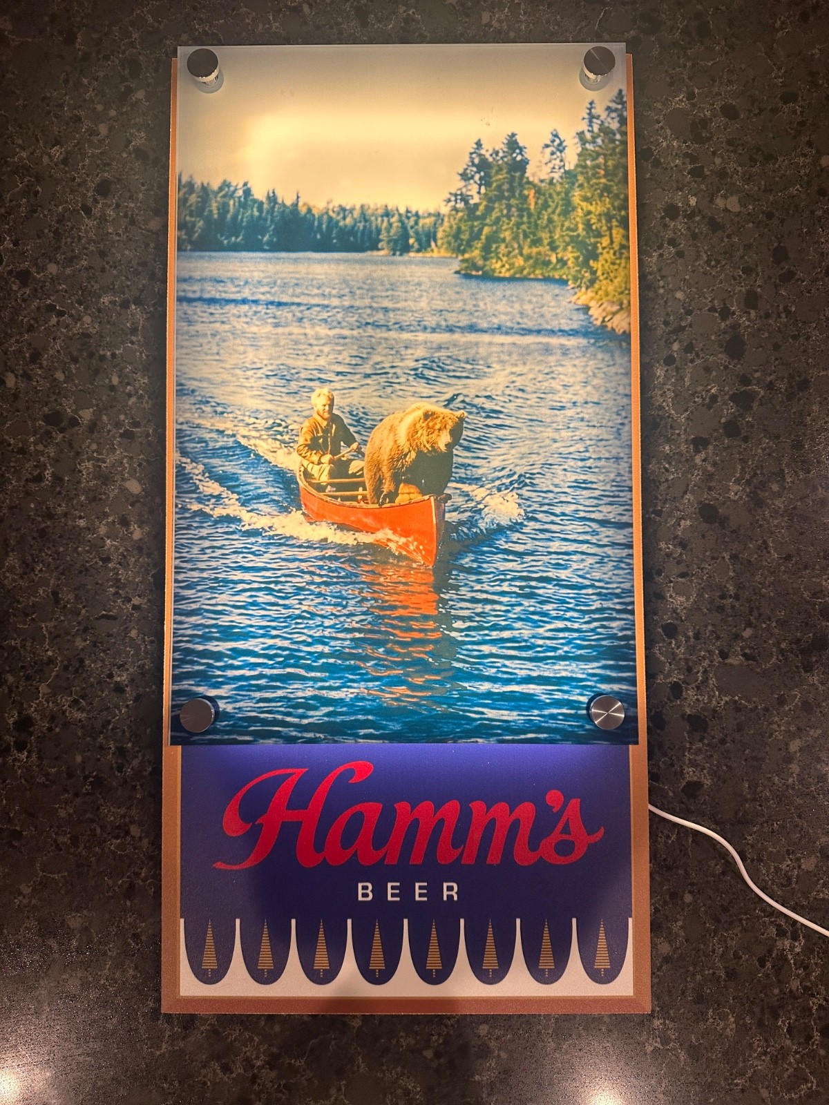 Hamm’s Beer Sign custom created with bear and guy in canoe