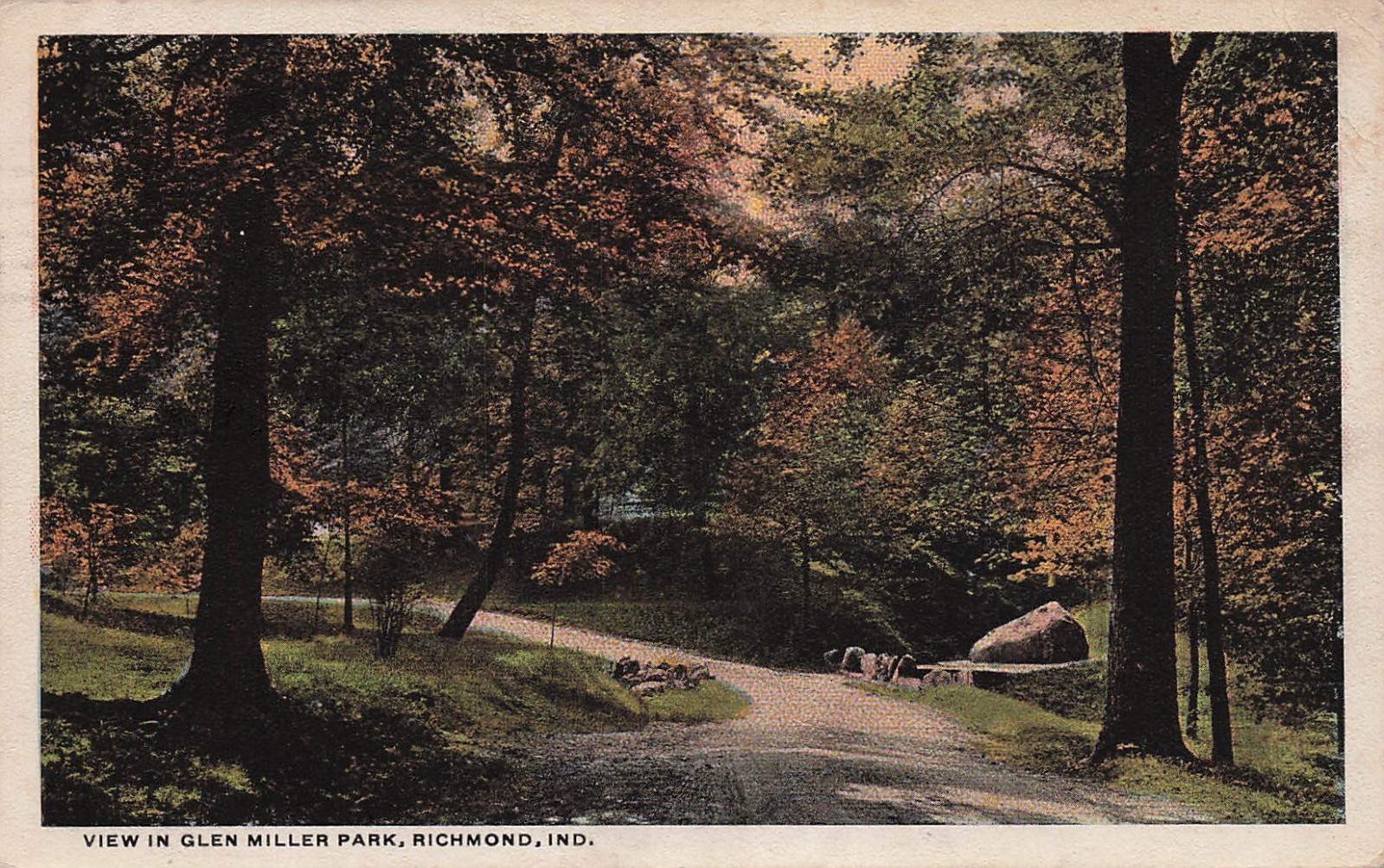 Glen Miller Park Richmond IN Indiana Dirt Road Lovers Lane Rock Vtg Postcard 13A