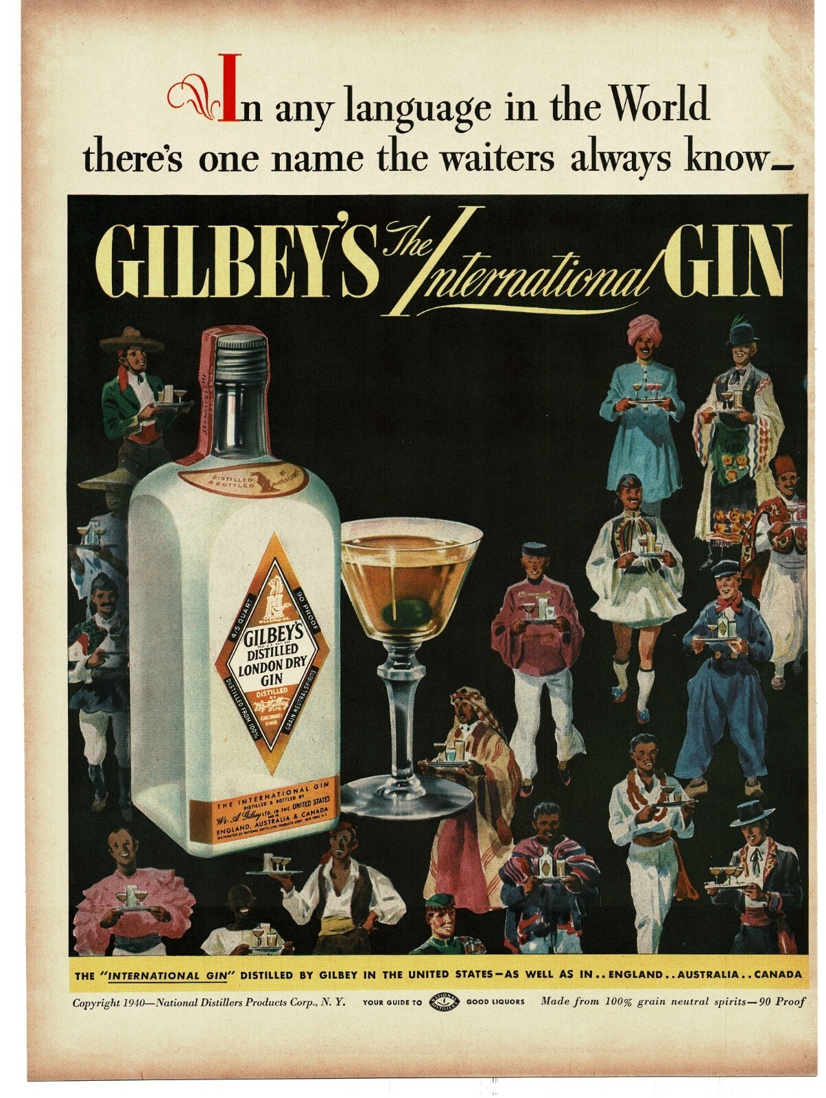 1940 GIlbey\'s Gin Waiters from around the world in native dress Art Vintage Ad