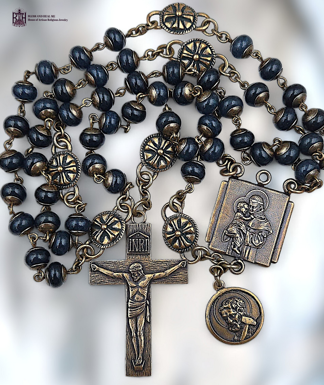 St Anthony Rosary with St Joseph  St Michael - Heirloom Bronze| Blue Jade