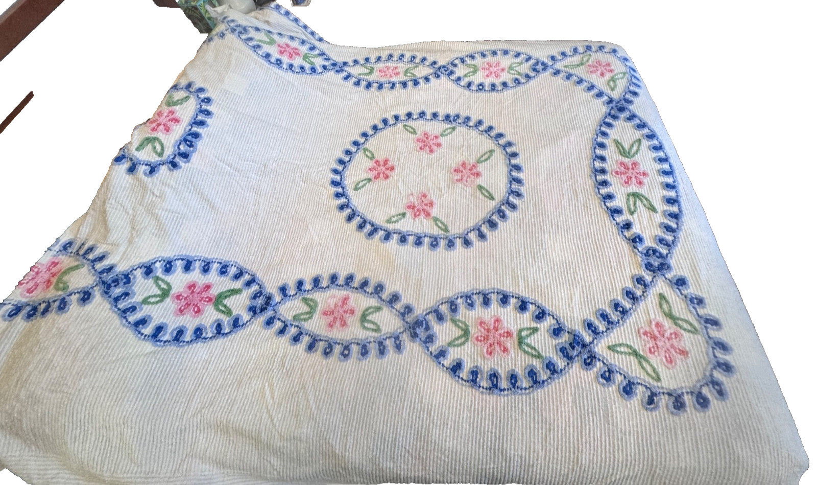Queen Chenille Vintage Blue Pink flowered Rounded Bedspread Coverlet Blanket