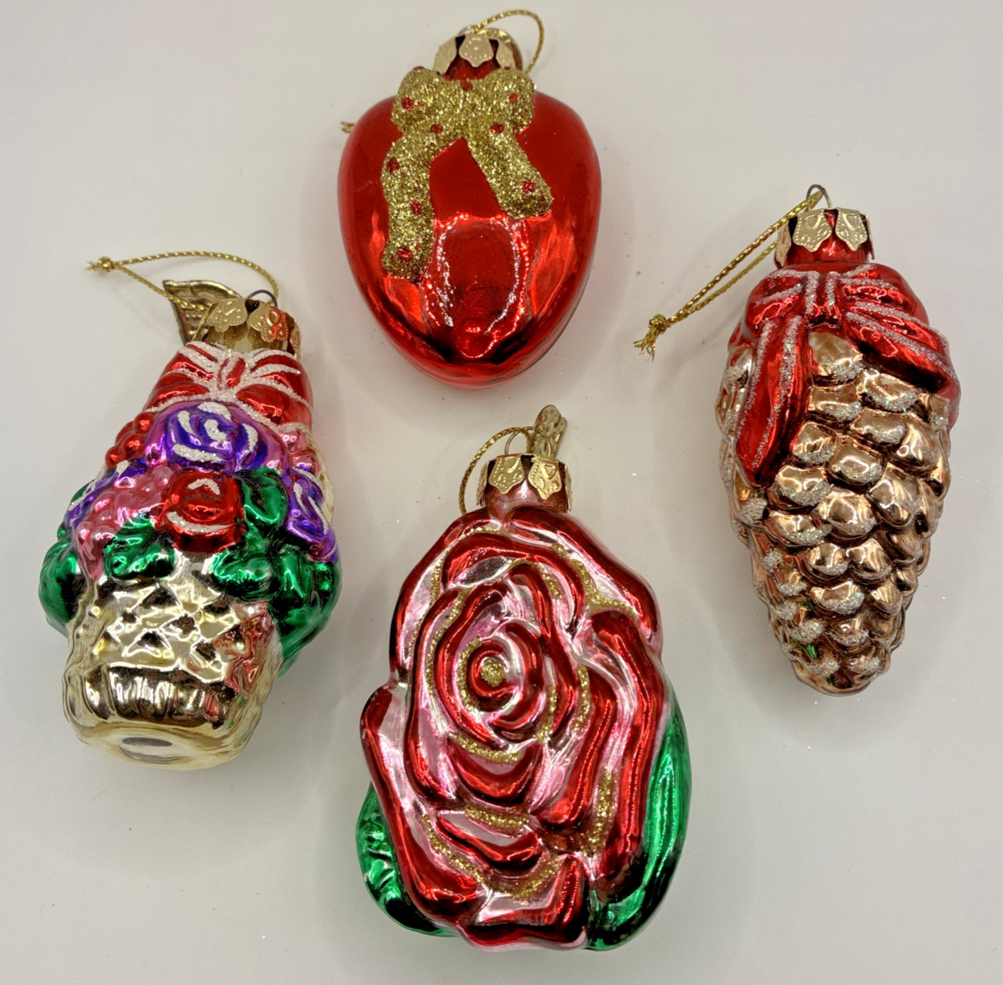 Vintage Ornament Lot Blown Glass Rose Basket Pinec Holiday Chirstmas Set of 4