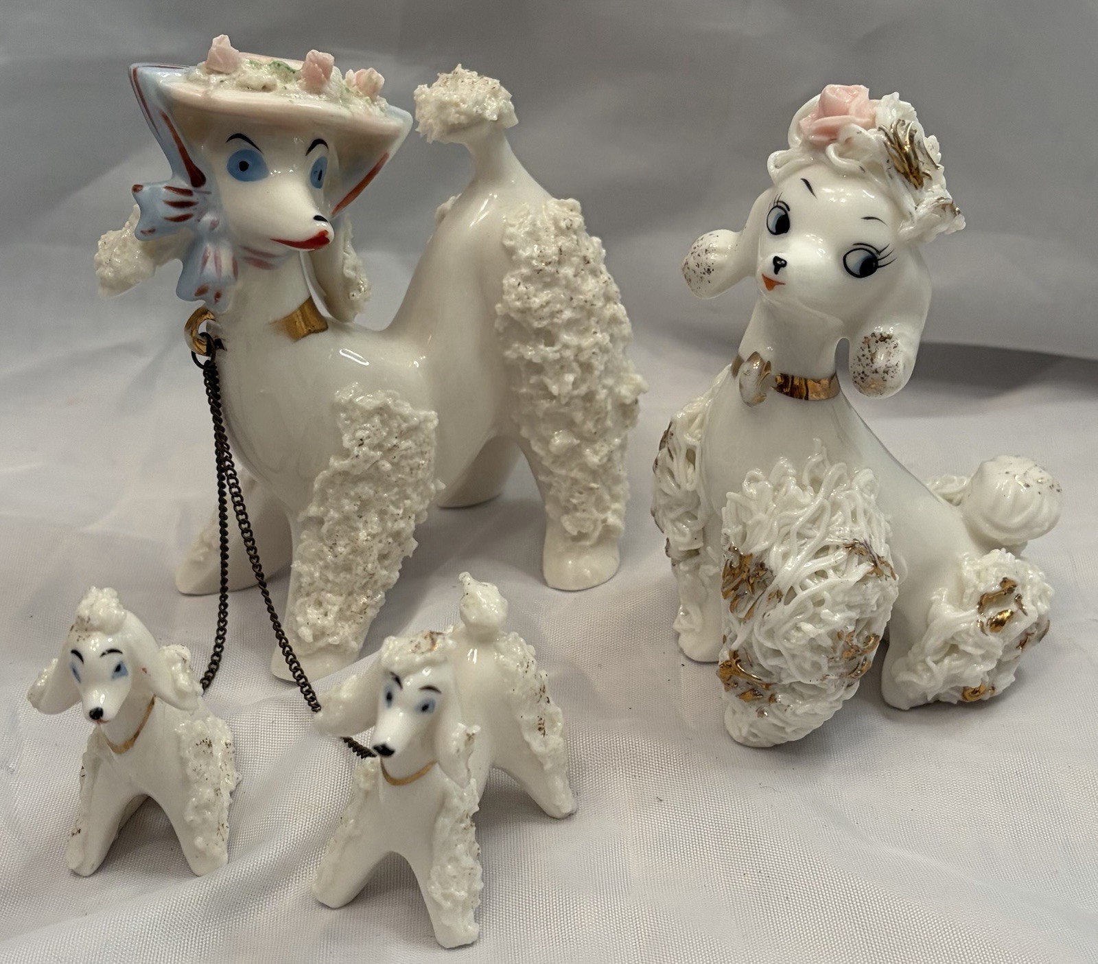 VTG Spaghetti Trim Poodle Mother & Puppies On Chain Bonus Girl Dog White Lot