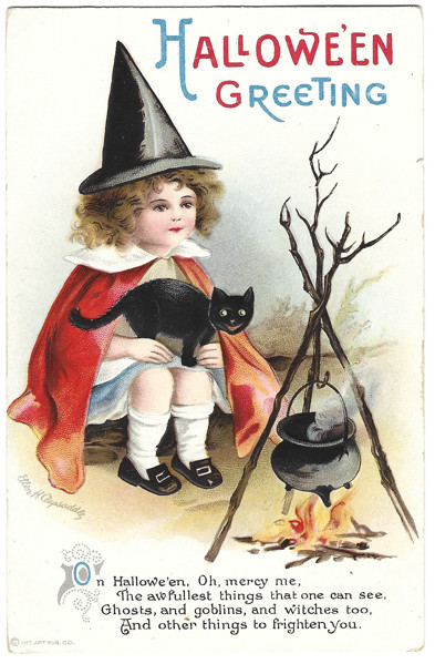 Atq Halloween Postcard Young Witch Blk Cat Campfire Cauldron IAP 1301 Posted
