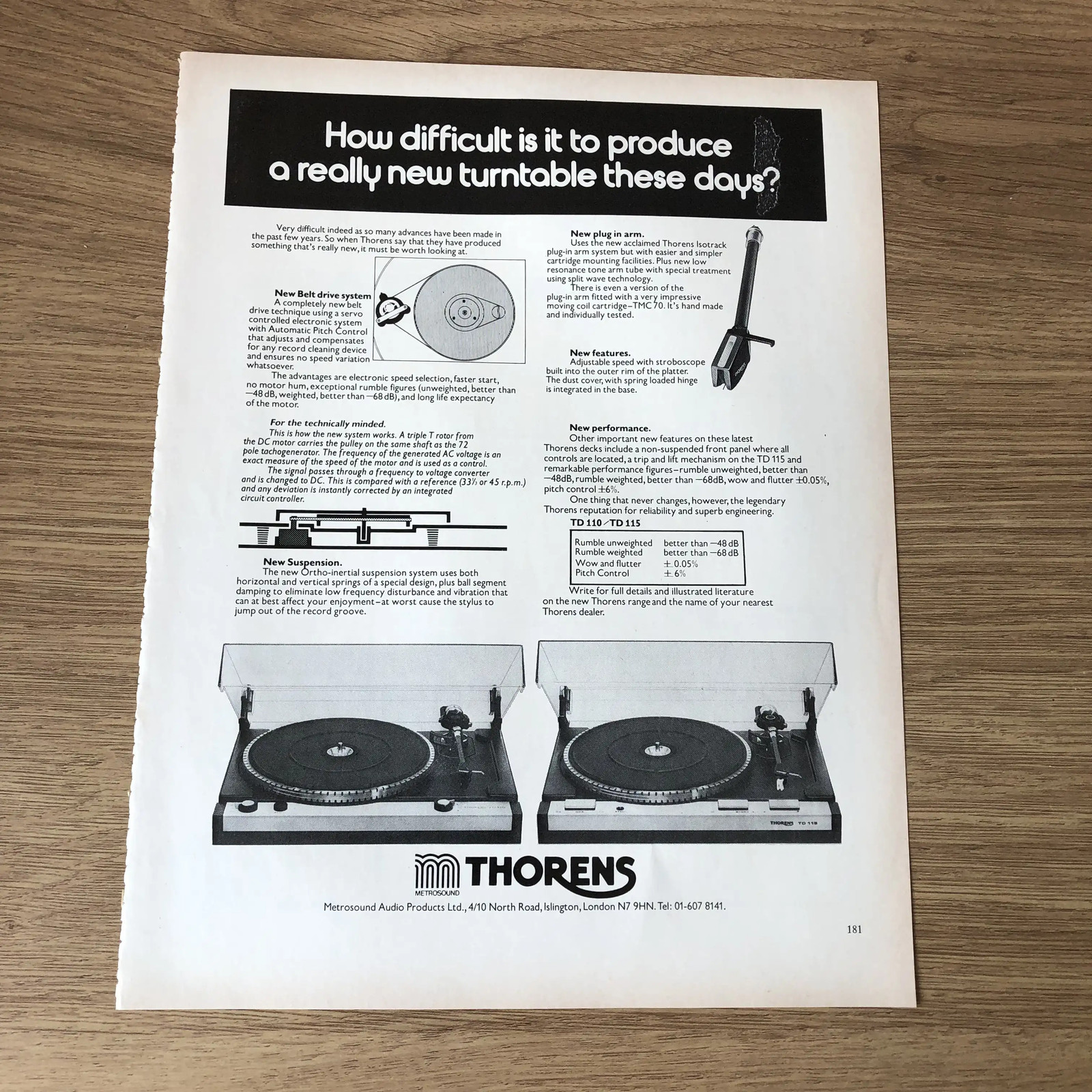HIFIS06 MAGAZINE ADVERT 11X8 THORENS MODEL TD 110 & TD 115 TURNTABLES