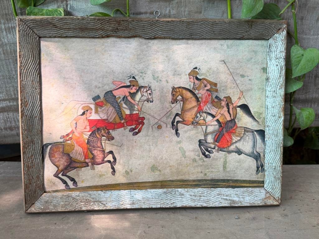 Vintage Polo Match Miniature Painting Art Print Rustic Distressed Frame Decor