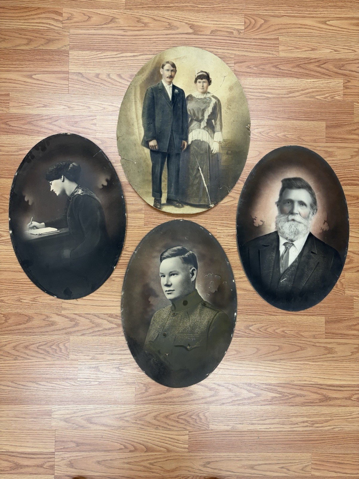 4 Vtg Antique Picture Portraits Large Convex 19x13.5