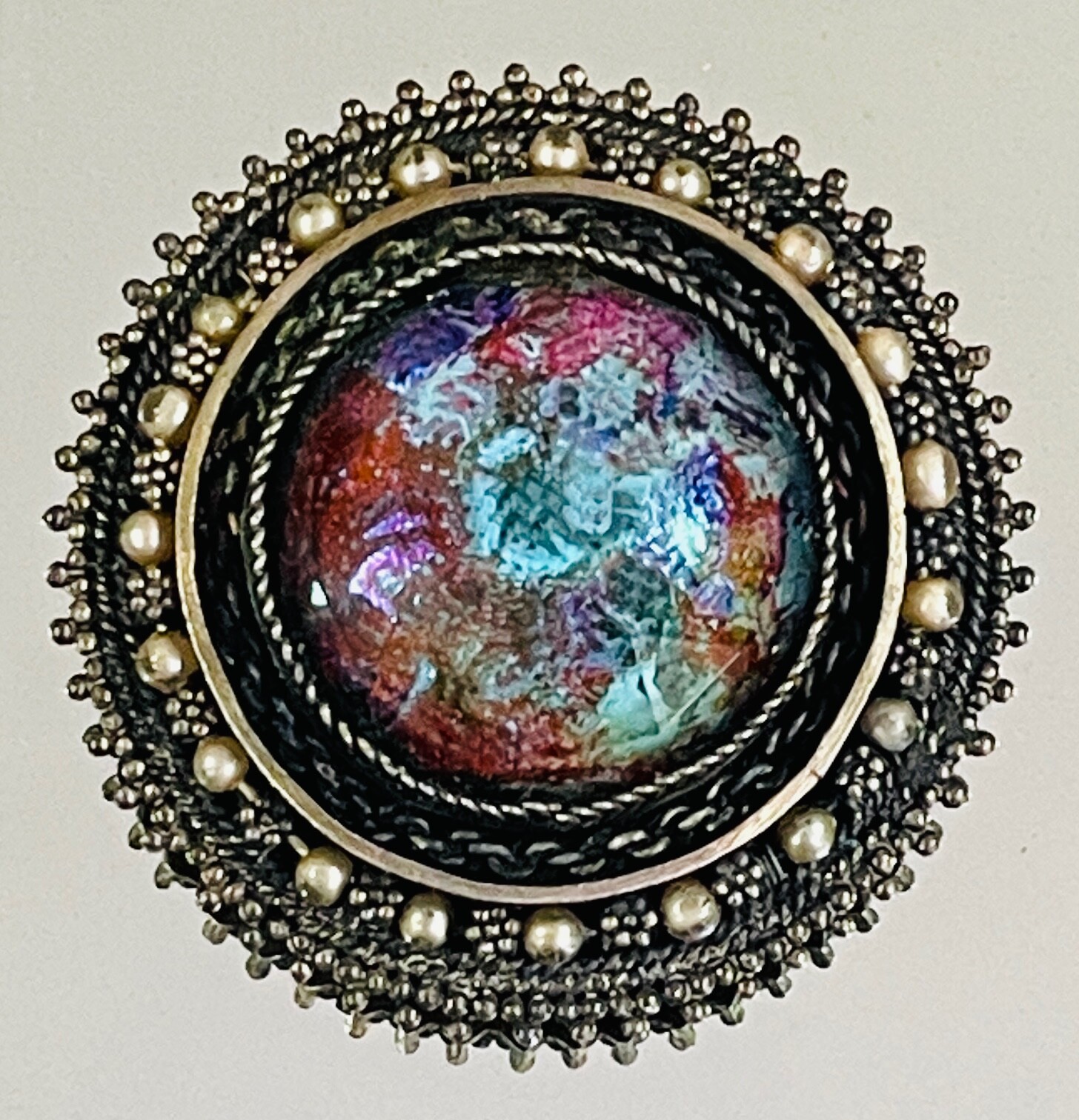 Judaica 935 Sterling Silver Israel Round Faceted Glass Foil Multi Color Brooch Judaica 935 Sterling Silver Israel Round Faceted Glass Foil Multi Color Brooch