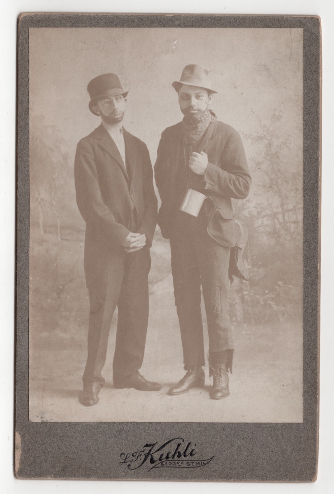 Antique Cabinet Card Two men in Costume Hobo\'s Bad Teeth 1870s