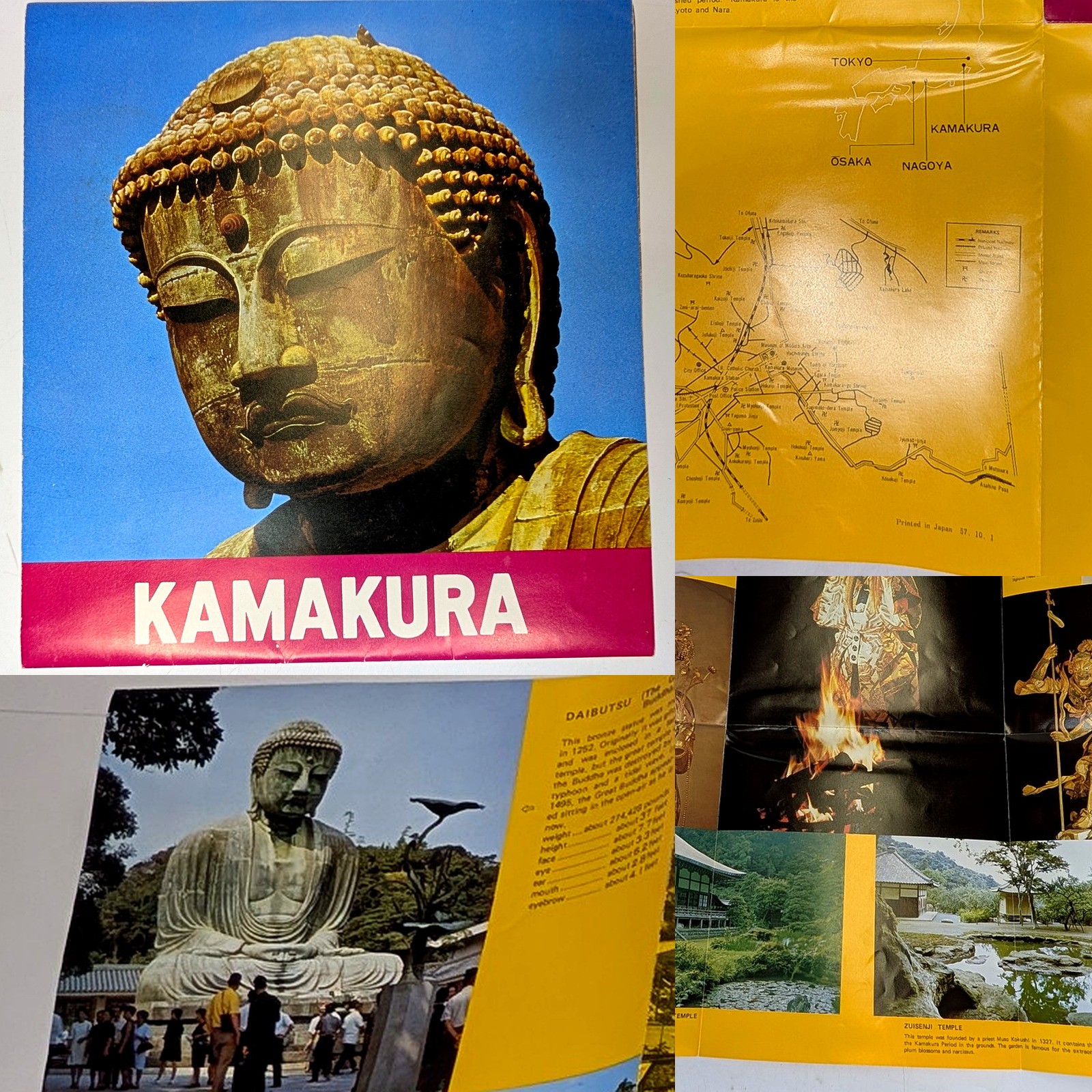 c1960s Kamakura Japan Travel Brochure Fold Out Map Daibutsu Great Buddha Temples