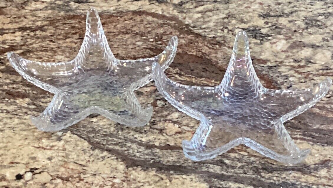 2 GLASS STARFISH VOTIVE / CANDLE HOLDERS / SNACK PLATES LOOK UNUSED 6 3/4”D