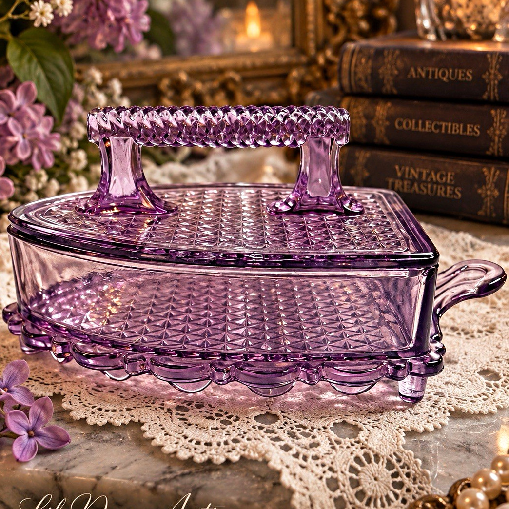 Vintage Imperial Glass #971 Amethyst Purple Flat Iron Candy Dish w Lid