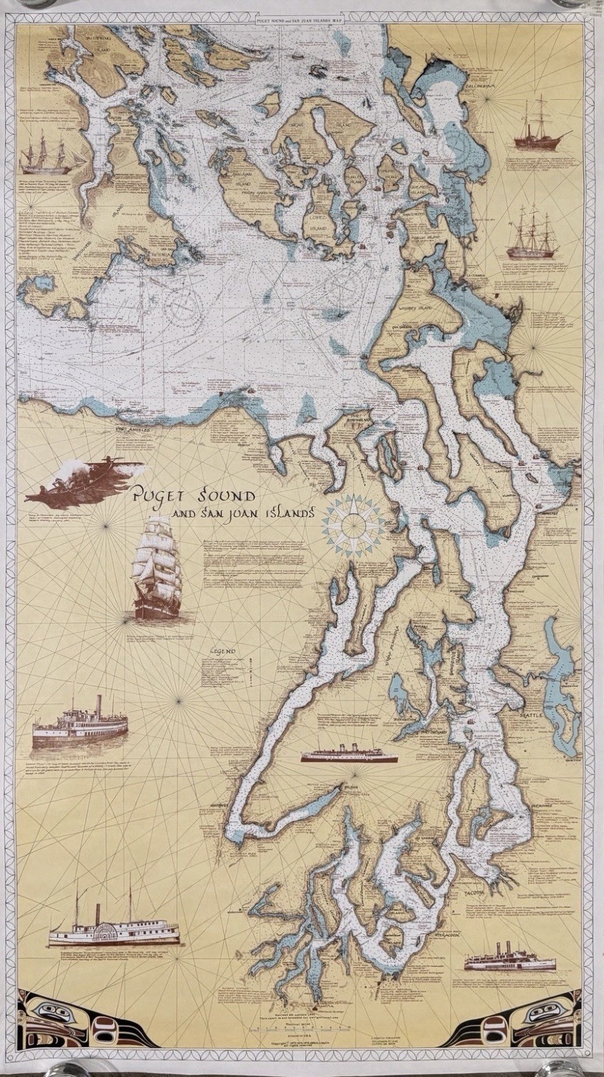 Vintage R.O. Malin Puget Sound & San Juan Islands Pictorial Map 1989 Chart *NEW*