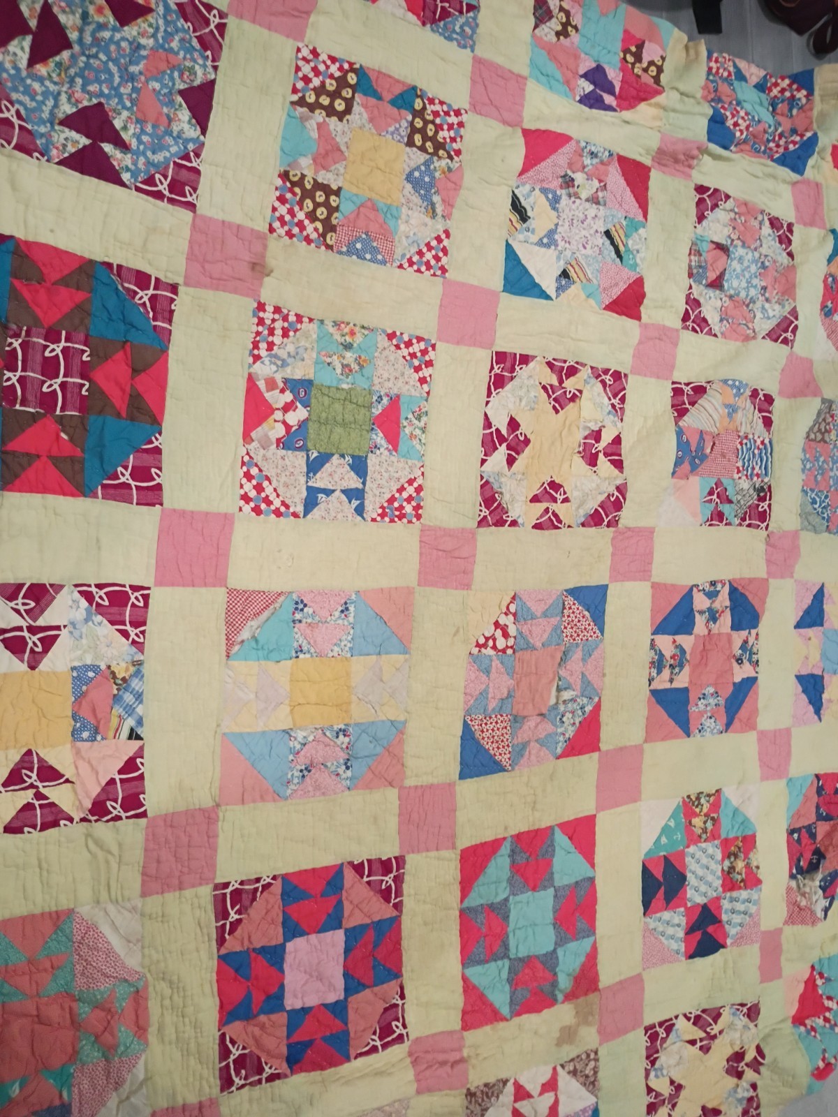 Vintage 1930s To 1940s Patchwork Star Quilt, Hand Stitched And Quilted- Full...