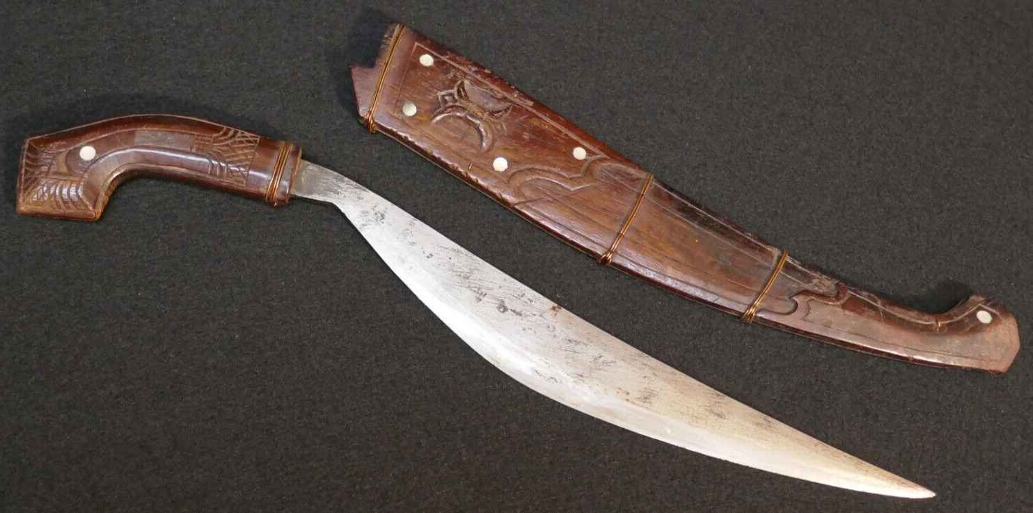 Antique Philippine Bolo Knife Filipino 11 Inch Blade Wooden Decorated Scabbard