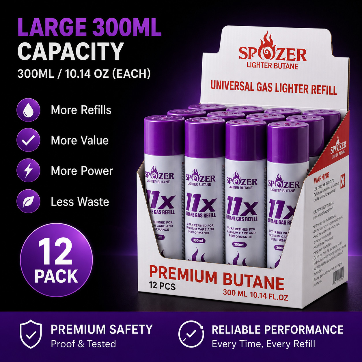 Spozer 11X Refined Butane Canister Lighter Gas Fuel Refill 300ML 12/24 Can