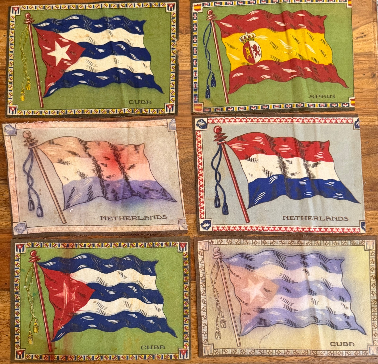 Lot of 6 Antique Tobacco Felt Flannel Flags c1910 Cuba Spain Netherlands 8x5.5