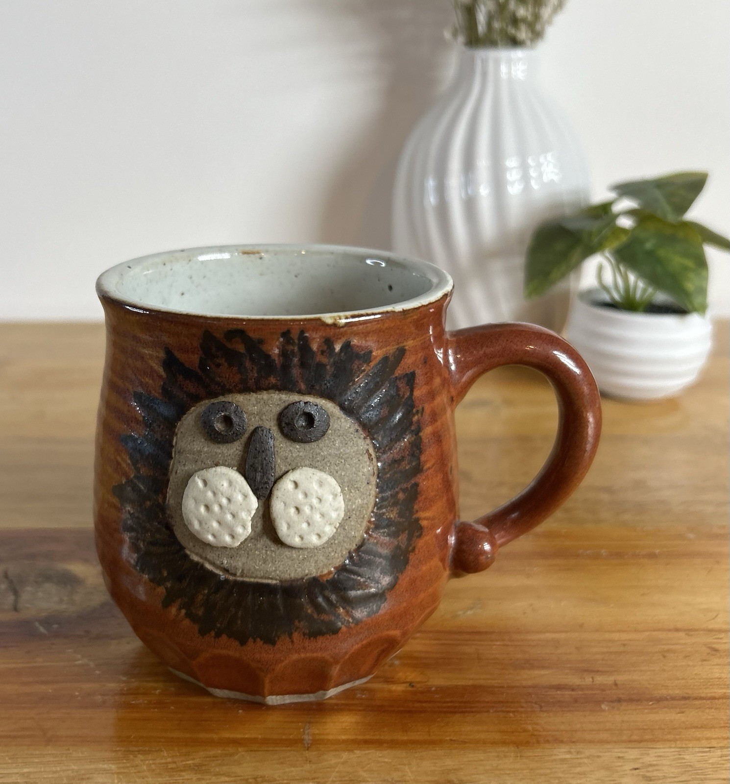 Vtg Studio Takahashi Pottery Mug Lion 3D Coffee Mug Double Sided