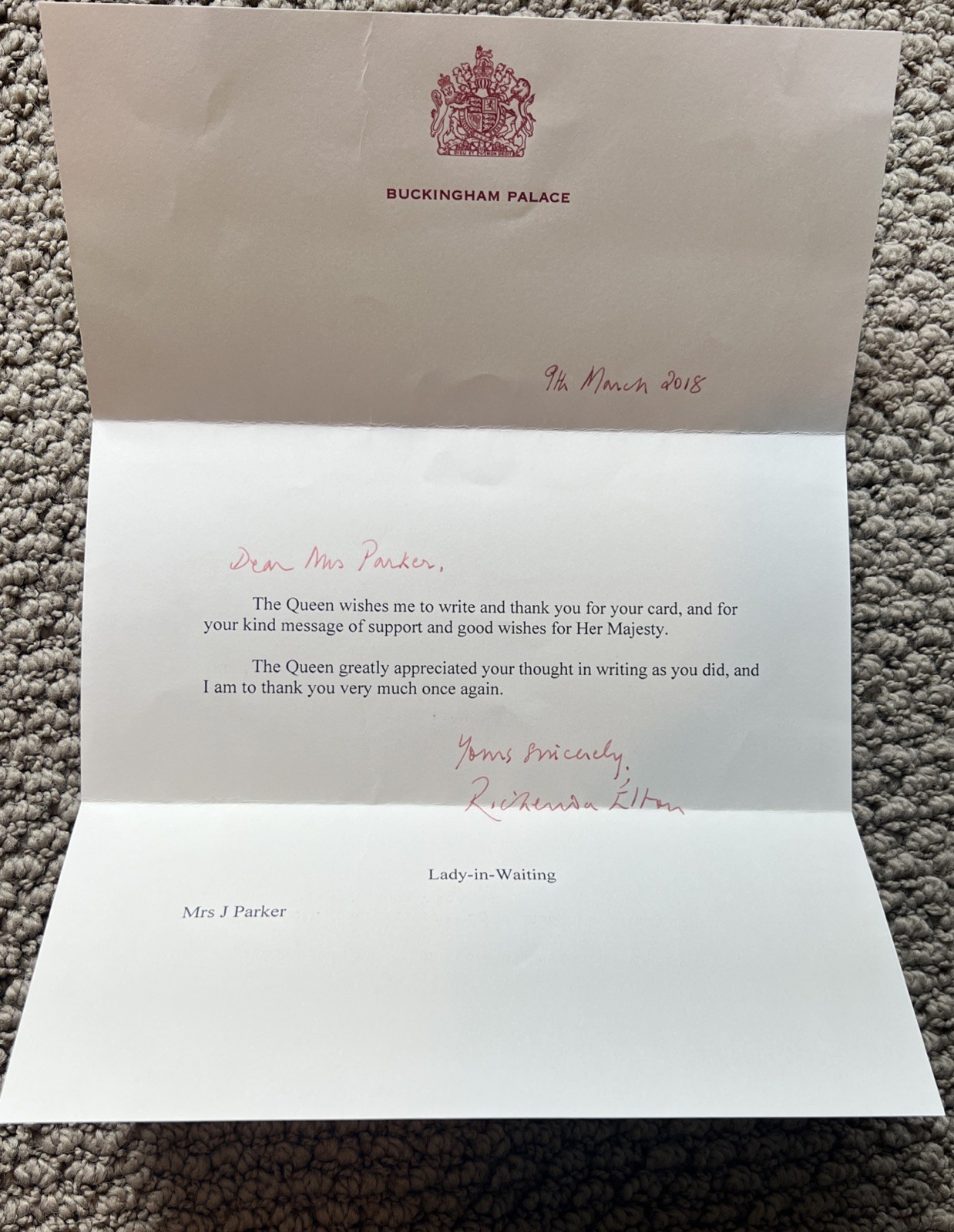 Letter from Queen Elizabeth’s Lady-in Waiting Buckingham Palace