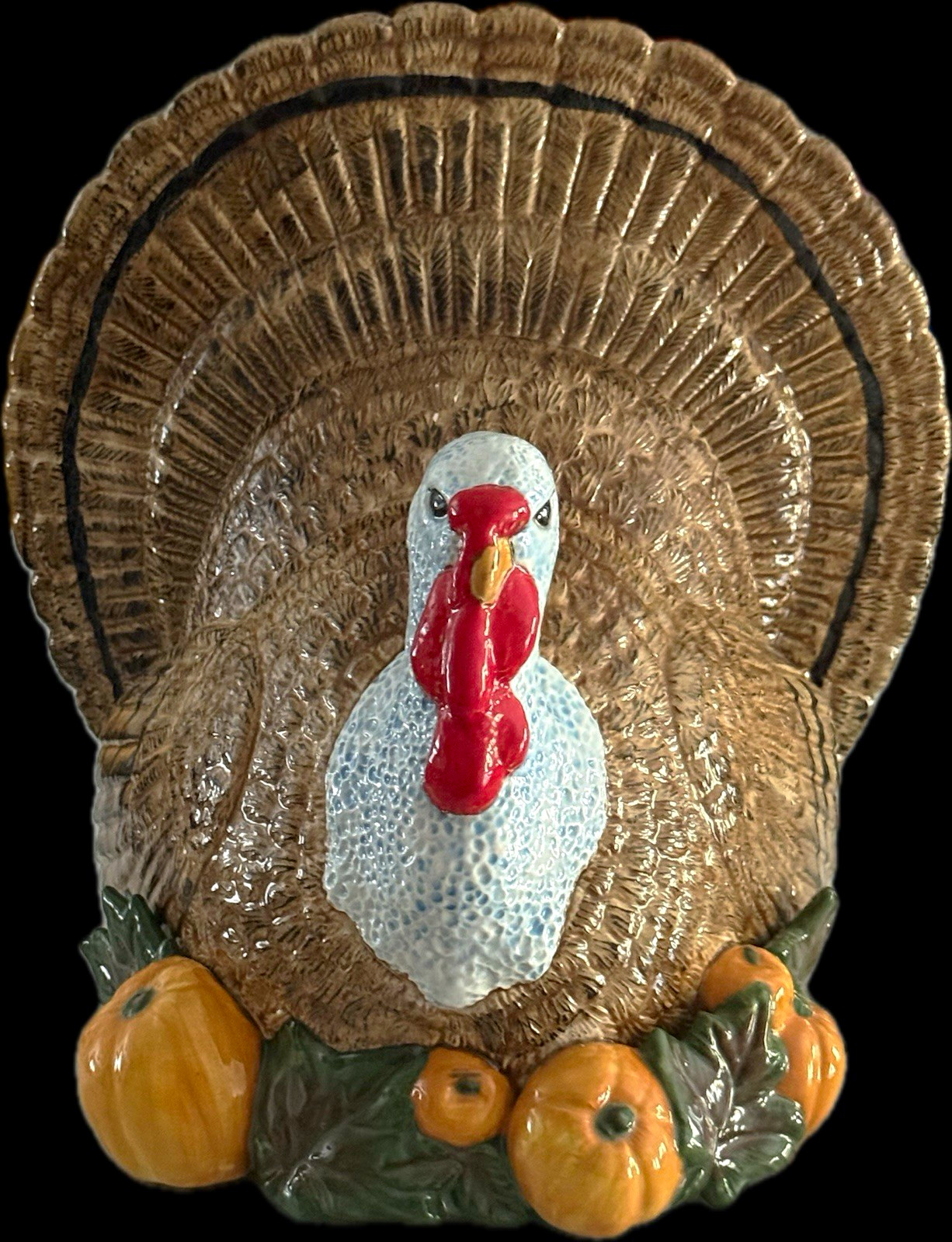 Americana Ceramic Turkey Hand Painted Centerpiece with Pumpkins Decor -Large