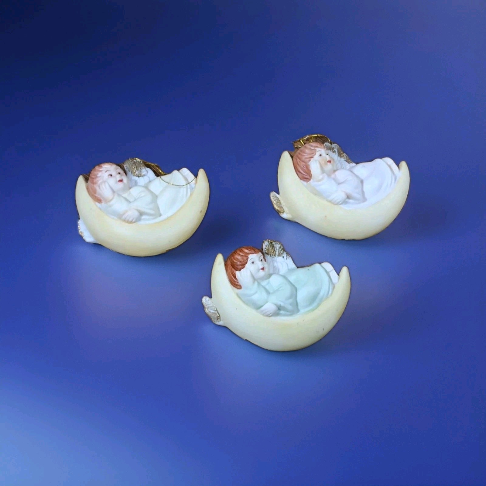 Vintage Artmark Ceramic/Porcelain Christmas Cherubs On Moon Set of 3 Angels 