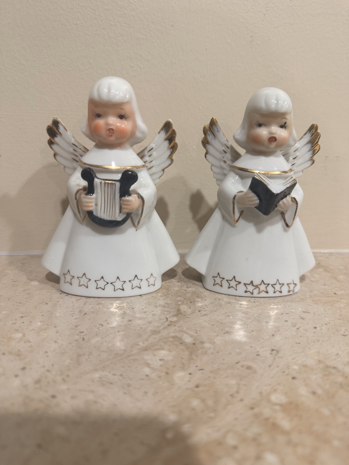 Two Vintage Christmas Angel Figurines  Horn Accordion Japan