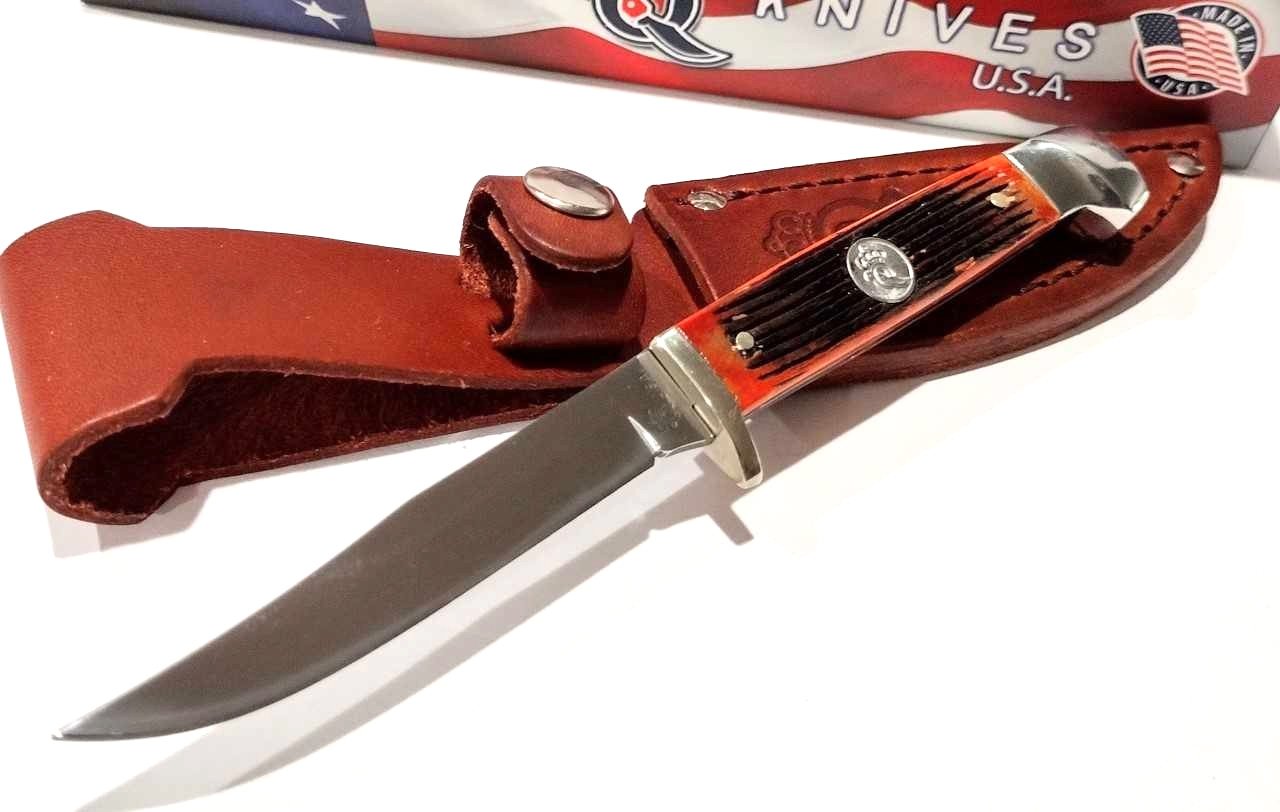Queen USA Small Game Bird Trout Amber Jig Bone Handles Fixed Blade Knife Sheath