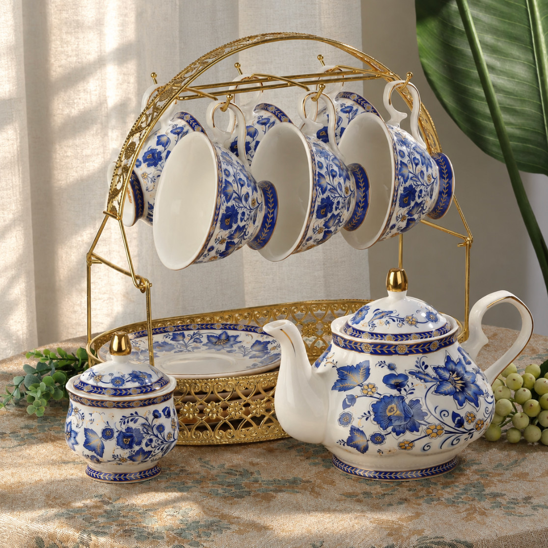 English Porcelain Tea Set Blue Floral Vintage Style China Teapot Gift for Her