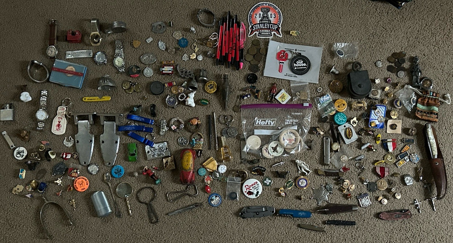 Huge Lot of Vintage Smalls Advertising Pins Coins Tokens Watches Knives Etc.