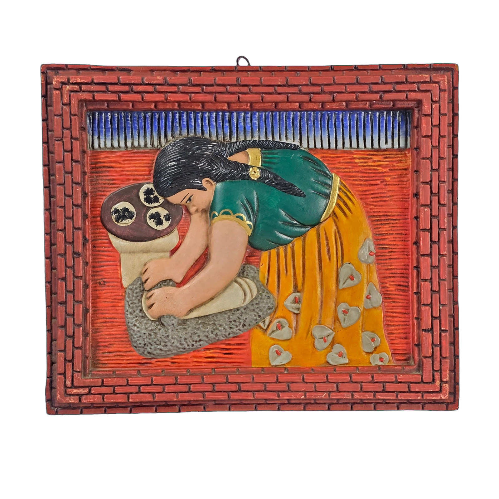 Vintage Mexican Folk Art Terracotta Relief 12.4x10.25 Woman At Metate