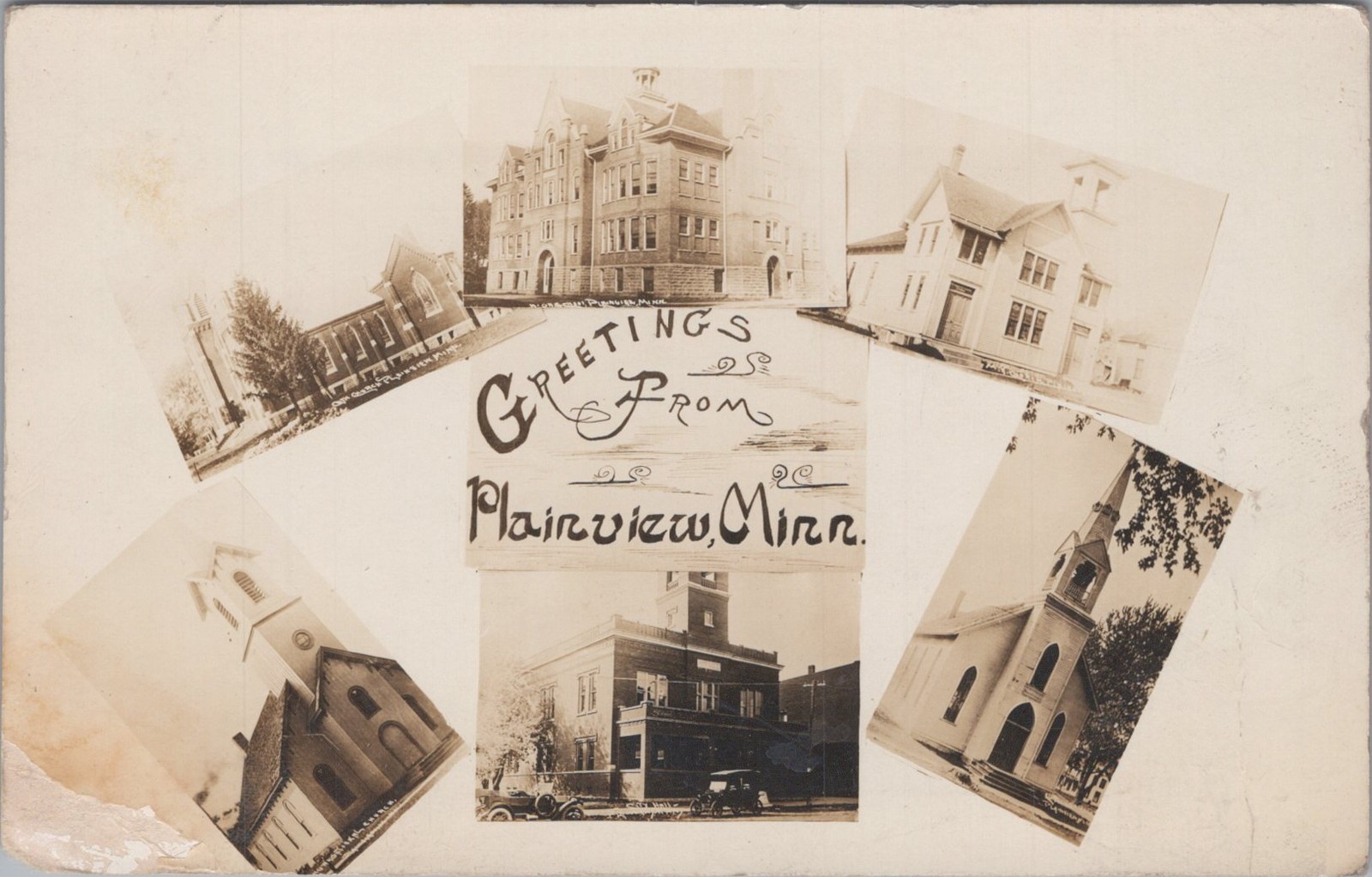 Greetings From Plainview Minnesota MN RPPC City Hall High School 1920 Postcard