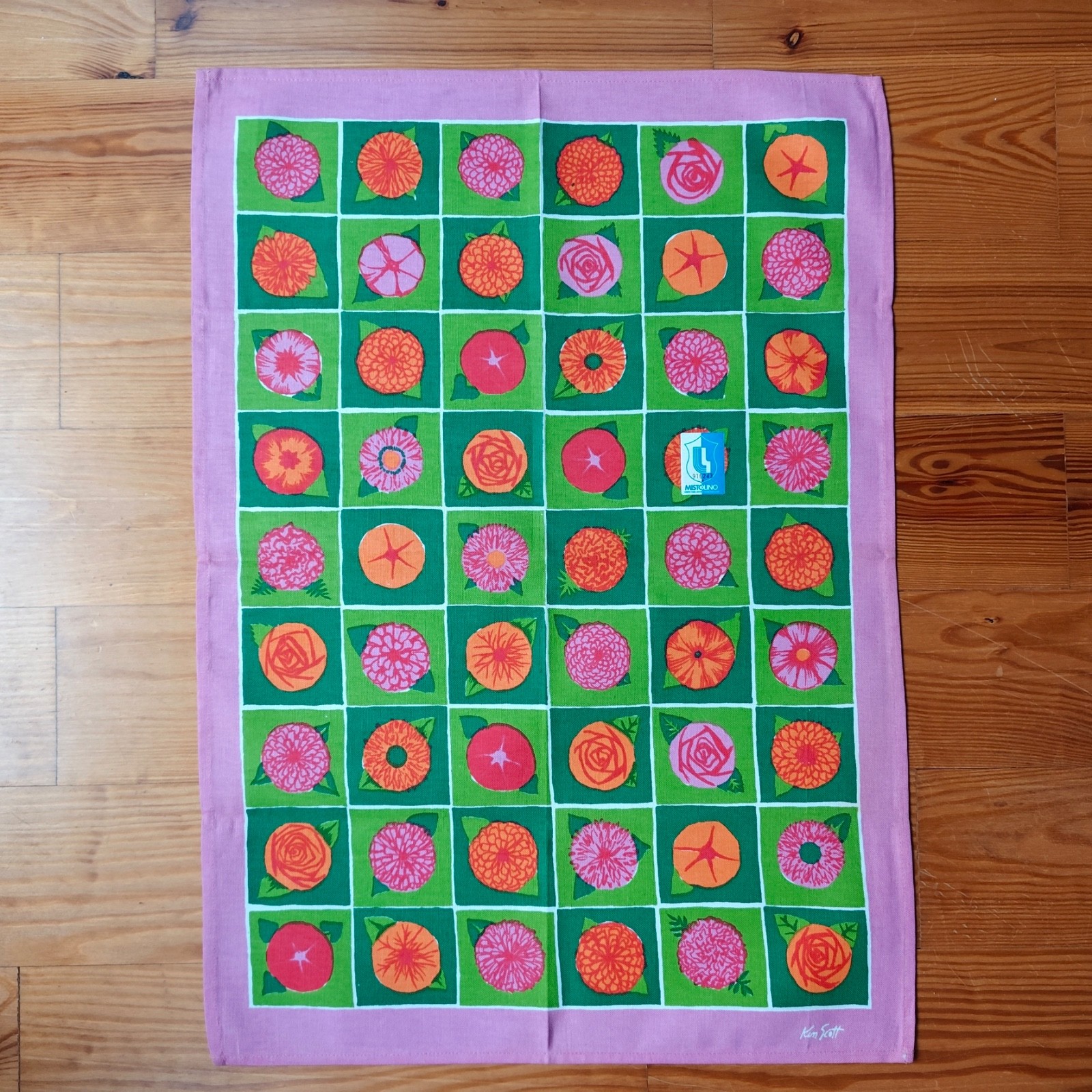 Vintage Zucchi Ken Scott Tea Towel MCM Floral Grid Pink Green Pop Art Italy Made