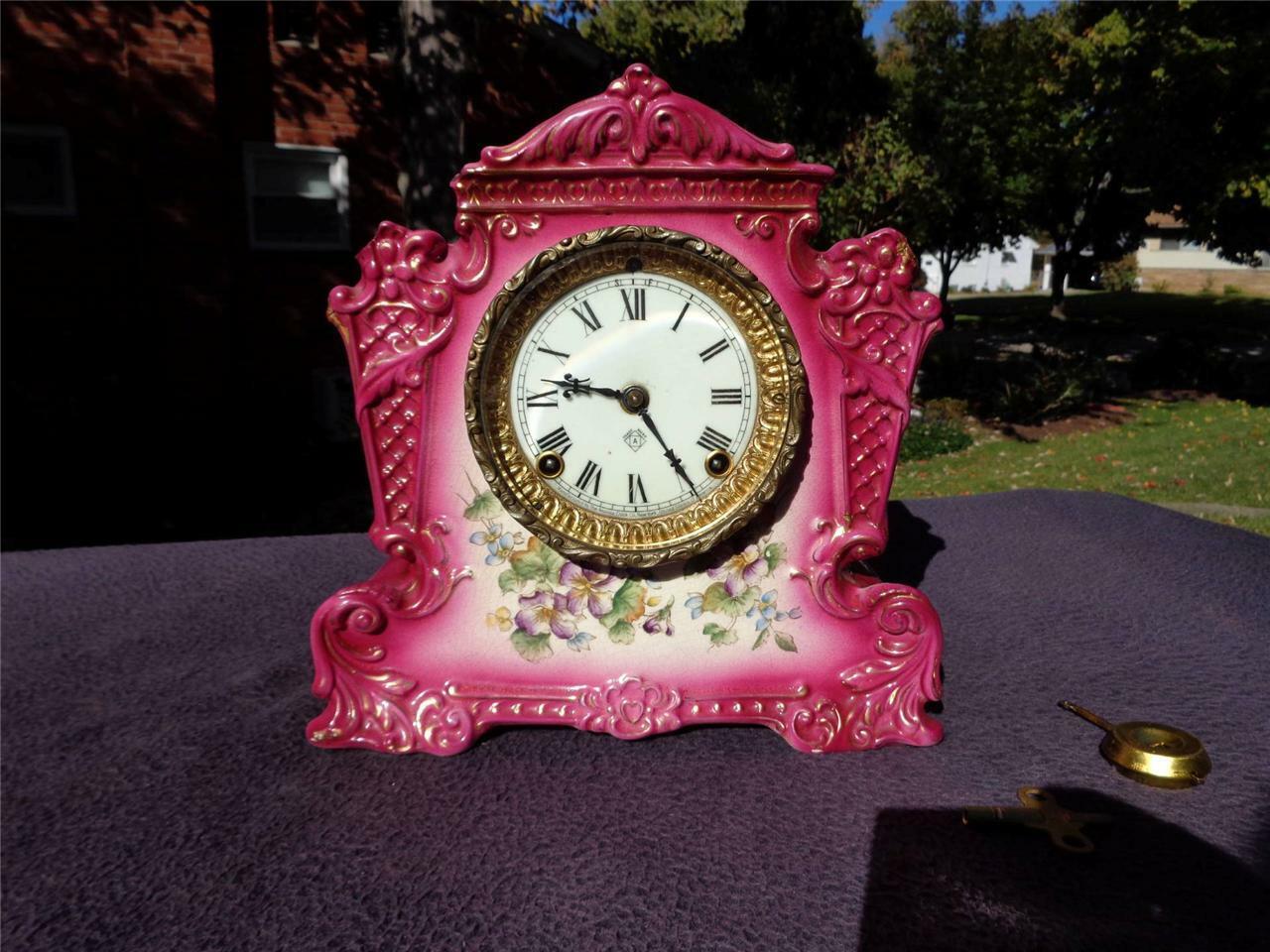 Ansonia Antique Red Porcelain China Shelf Mantle Clock Painted Floral Scene Runs