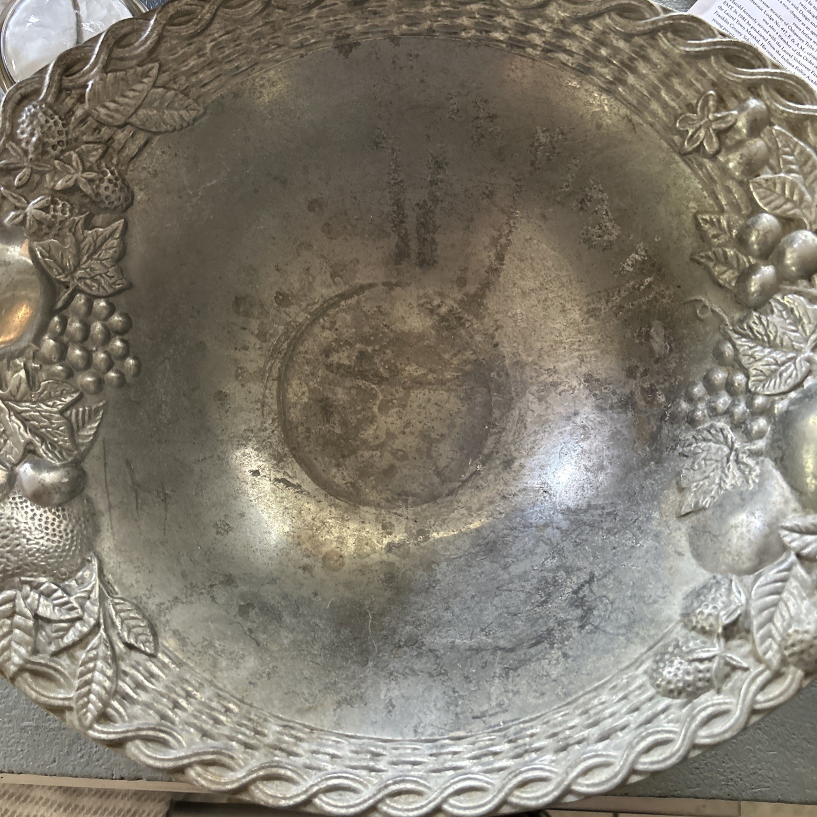 Vintage Gorham Heavy Metal Large Bowl Basket Weave Border W/ Apples & Grapes